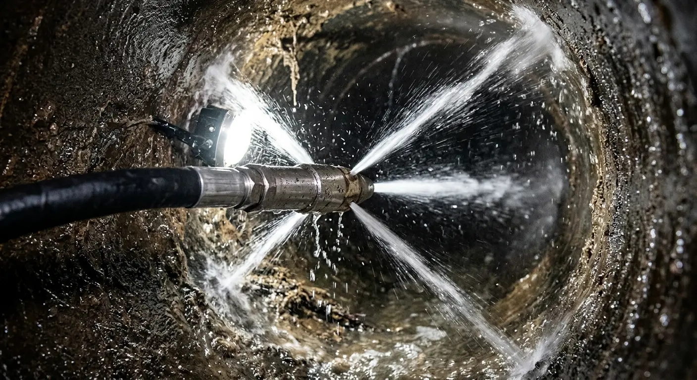 High-pressure hydro jetting nozzle cleaning sewer pipe for Trenchless Sewer Repair in Port Washington