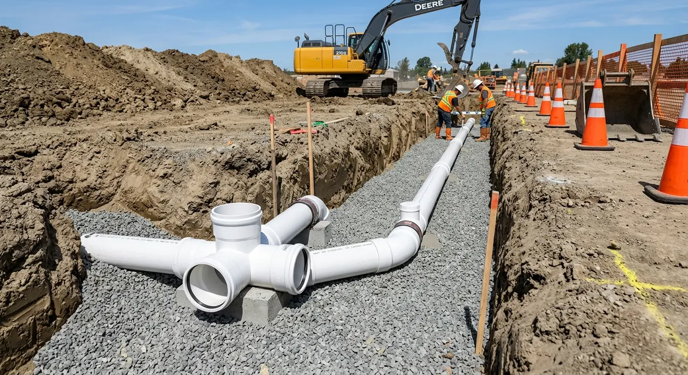 New PVC sewer pipe installation in open trench for Grease Trap Cleaning in Port Washington