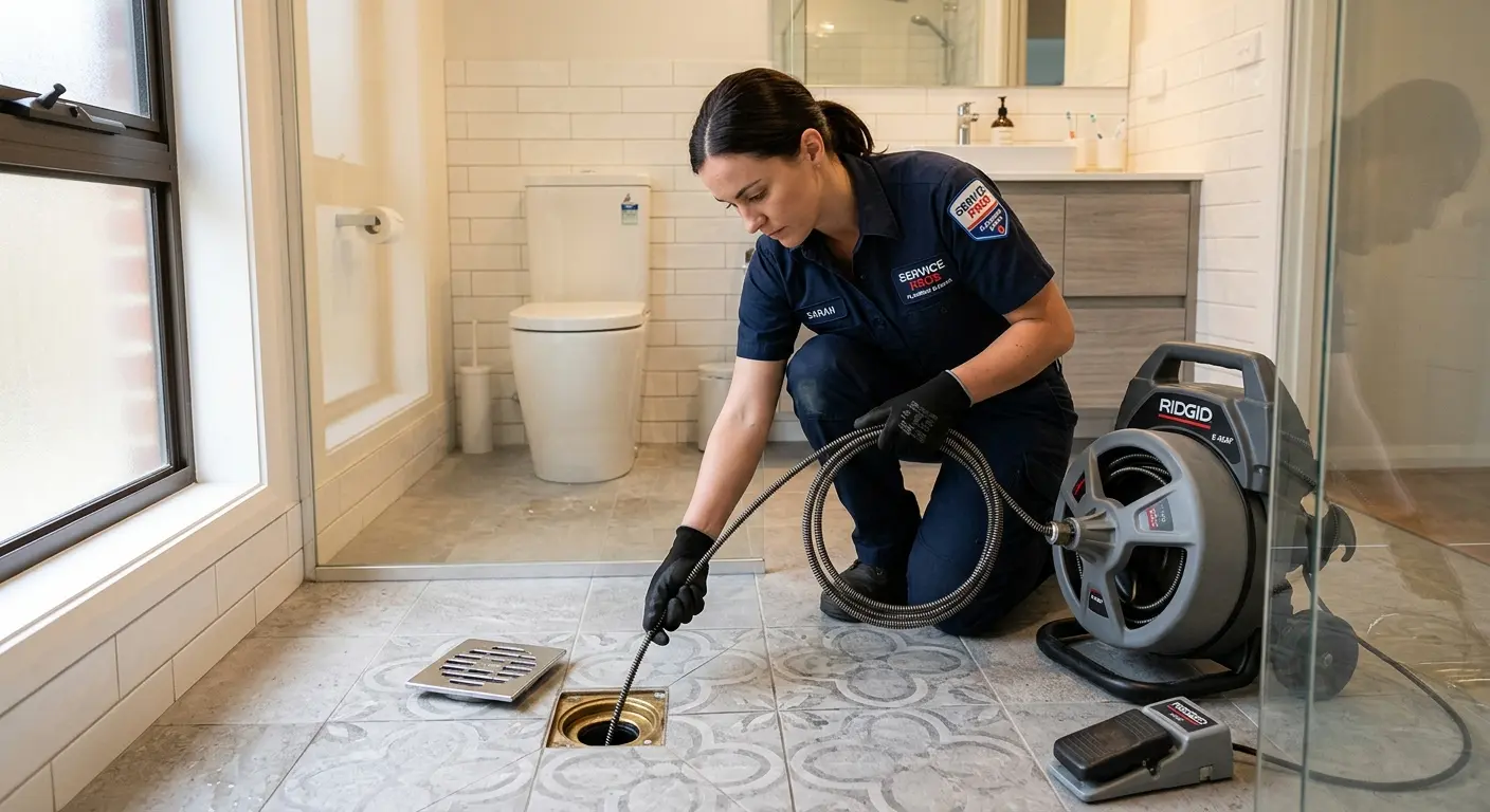 Technician clearing a bathroom floor drain for Sewer Line Installation in Port Washington